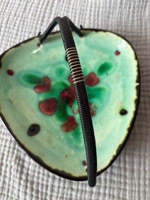 Vintage MCM Wound Wire Handle Pottery Trinket Dish Turquoise & Black