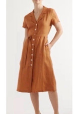 Quince 100% European Linen Button Front Midi Dress Belted Rust Orange Brown Sz L