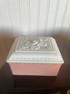 Vintage Fire king Dusty Rose/ Pink Ivory White Lid Glass Trinket Jewelry Box