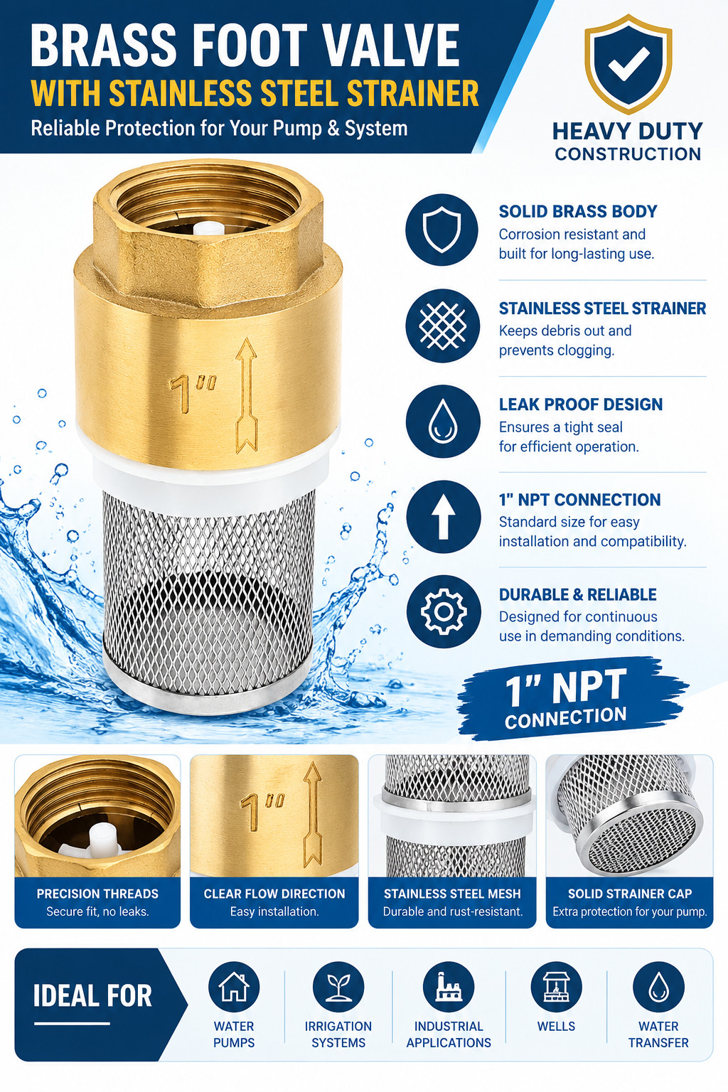 Foot Valve 1" DN25 Brass Check Valve Water Pump Bottom Foot Valve Filter