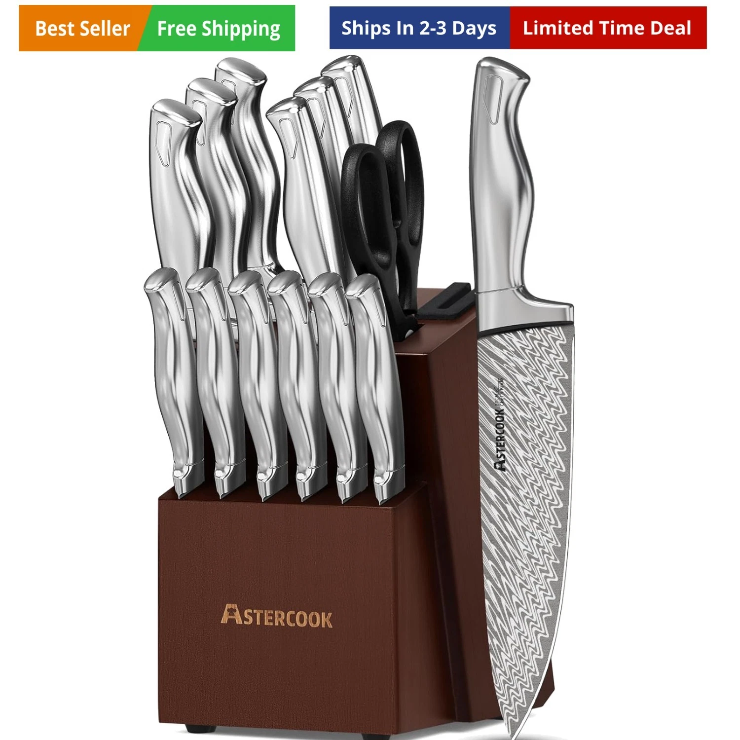 Knife Set, 15-Piece Kitchen Knife Set with Block, Built-in Knife Sharpener, G...