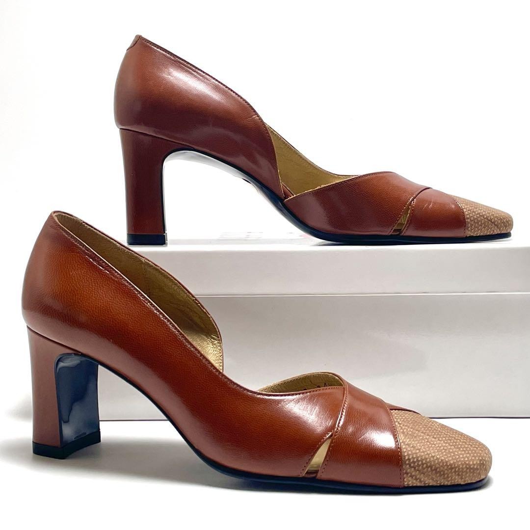 Decolte Saint Laurent tacco YSL EU34 5 US4 5 pelle marrone punta quadrata 09774a