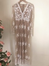 Forever 21 LS Woven Sm Embroider  Maxi Dress Bridal Nude Cream Floral Lined Boho