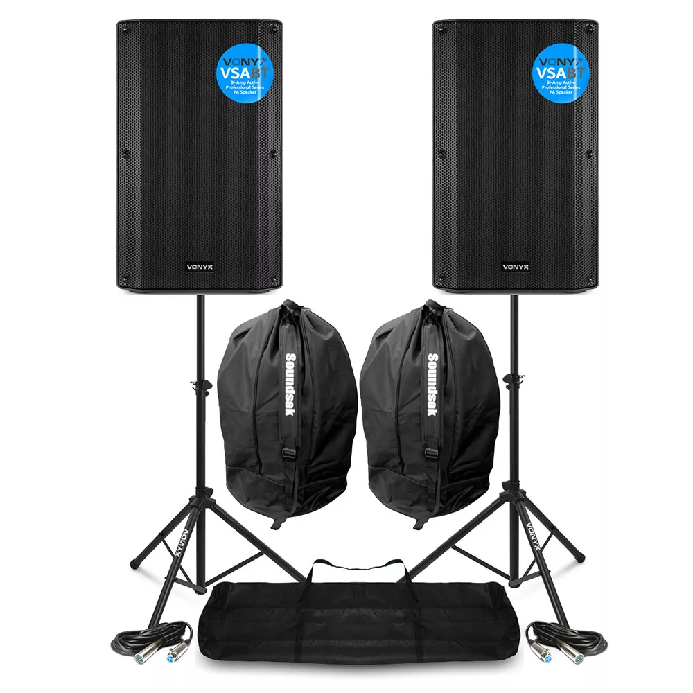 VSA-BT 15 Pair Active PA Speakers Bi-Amp 2000w DJ Sound System, Stands &  Bags