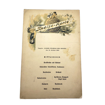Norddeutscher Lloyd Bremen ~ SS KAISER WILHELM DER GROSSE MENU POSTCARD c. 1900