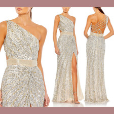 NEW $598 Mac Duggal [ 4 ] Sequined One Shoulder Draped Lace Up Gown Nude #G1731