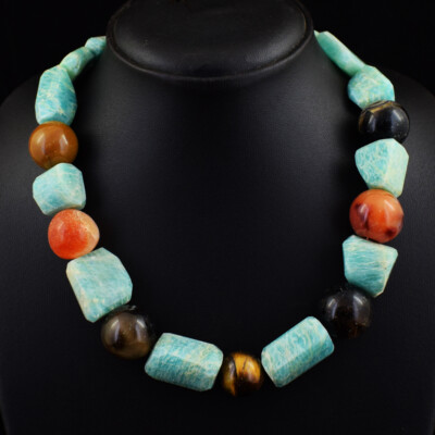 Handmade 907 Cts Earth Mined Amazonite & Onyx Beaded Necklace Jewelry SK 27E428