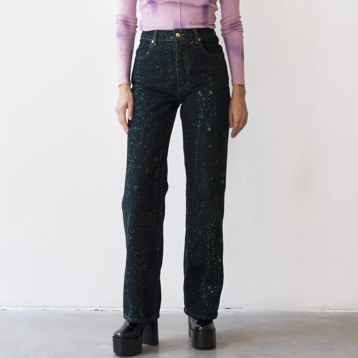 ECKHAUS LATTA Blue & Green Wide-Leg Jeans paint splatter size 27 ECKHAUS LATTA Blue & Green Wide-Leg Jeans paint splatter size 27