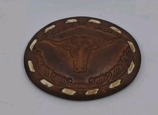 Texas Longhorn Cattle Steer Bull Western Cowboy Leather Belt Buckle VINTAGE