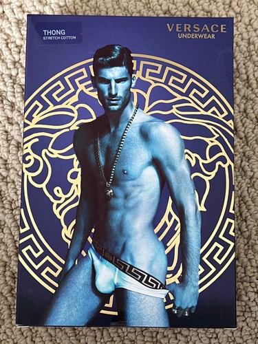NWT Versace Greca Border Medusa Blue Greek Key Logo Thong Underwear 7 US XL $95 - Picture 23 of 24