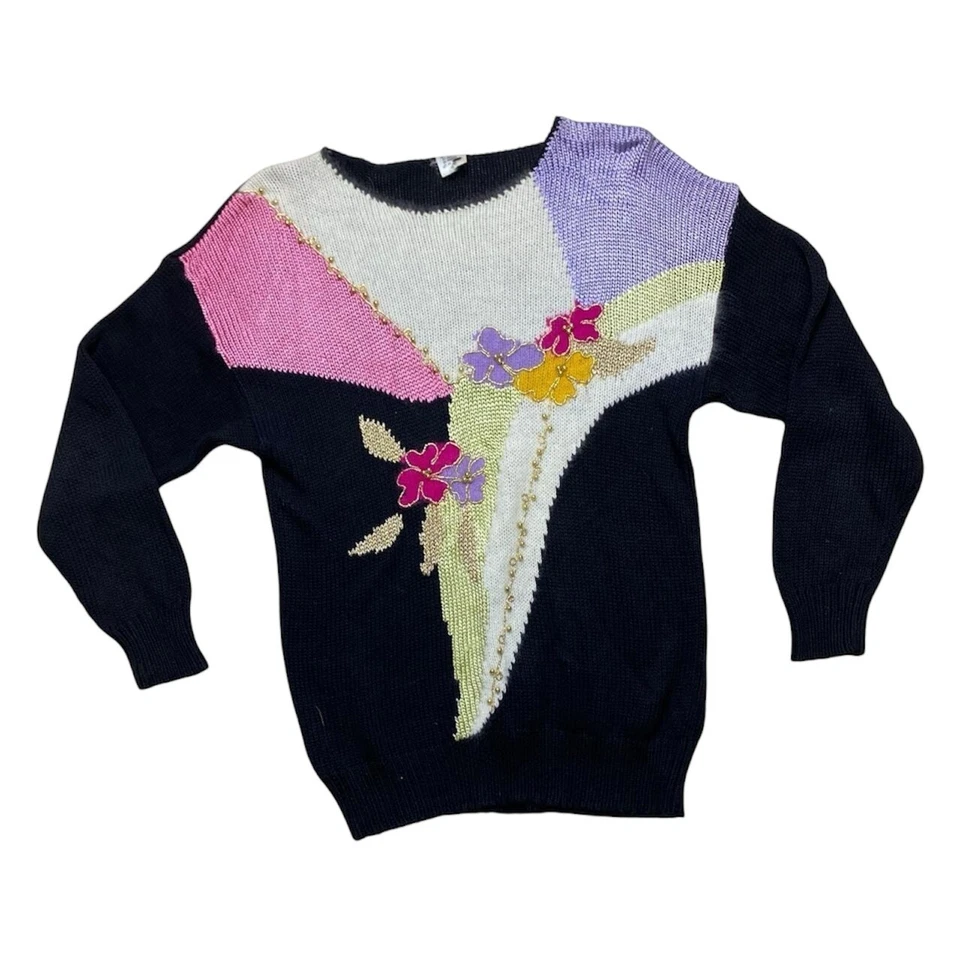 Vintage 80's Pullover 10-12-14 Angora Mischung Grafik Schwarz Retro Blume Pastel - Bild 1 von 3