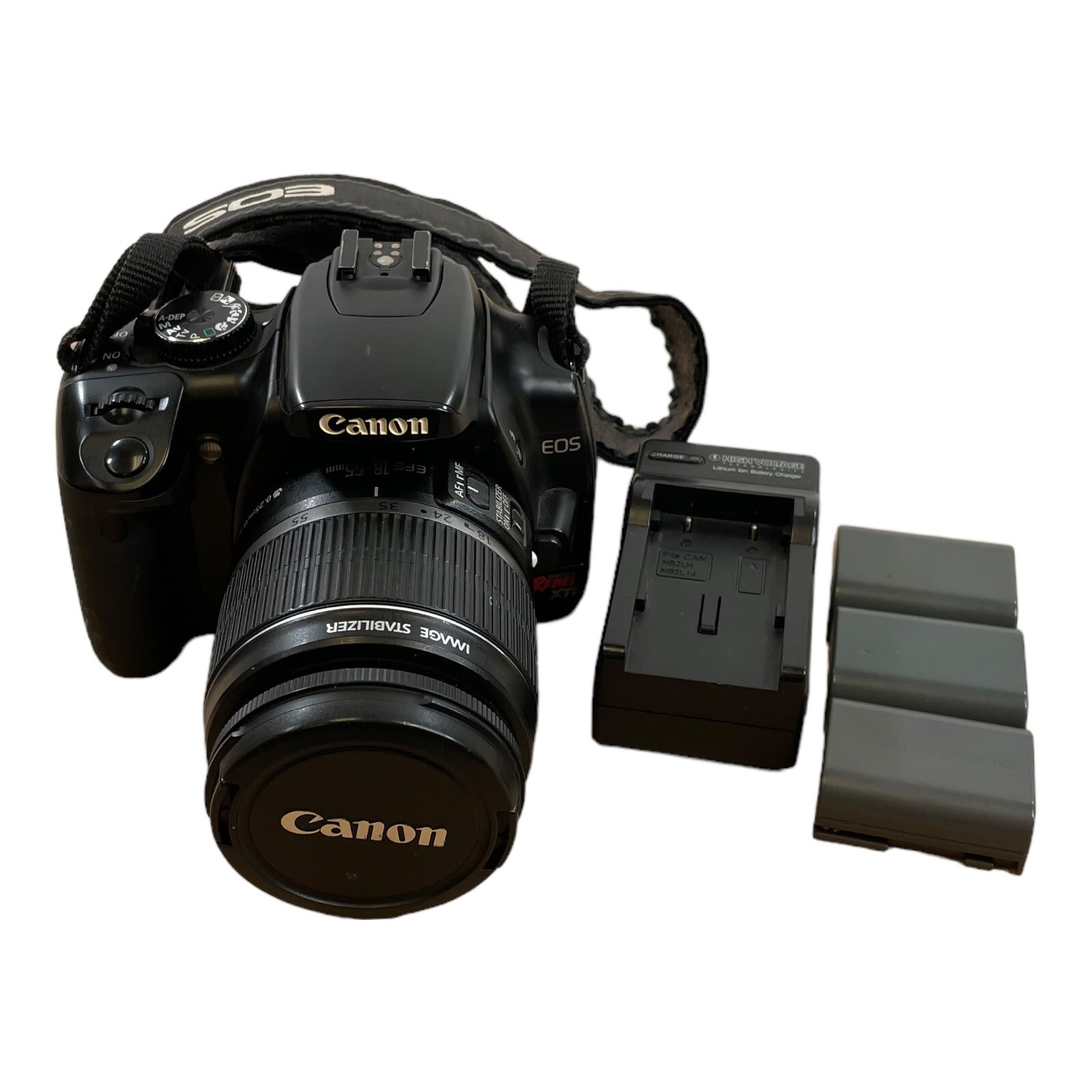 AsIs Canon Rebel XTi DSLR Camera w/EFS 1855mm, 3 Batteries, Charger