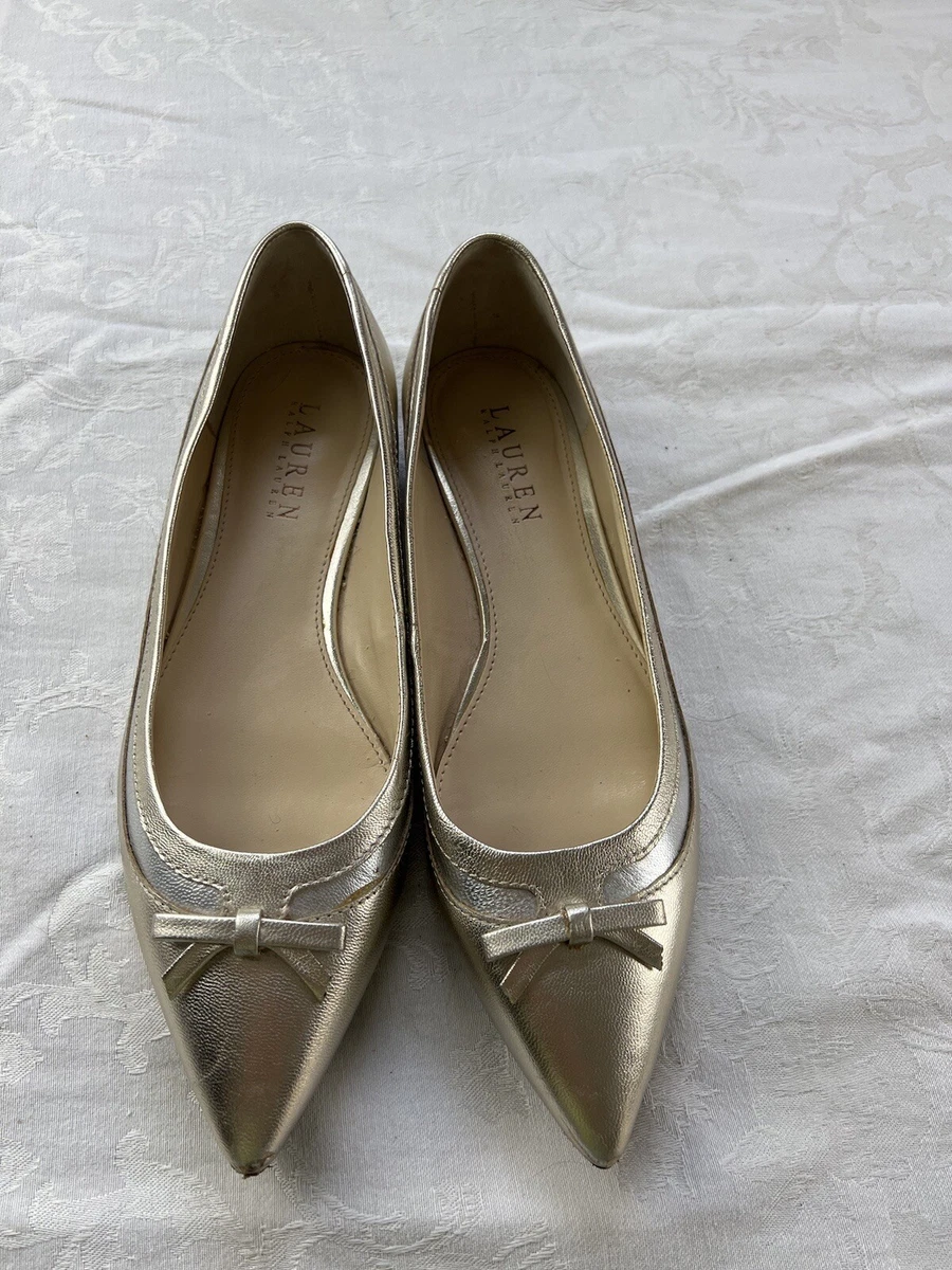 Lauren Ralph Lauren Womens Shoes Size 7 B Gold Leather Flats Pointed Toe  Bow