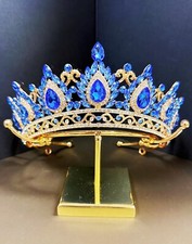 Gold Crown Crystal Tiara, Princess Crown, Gold Wedding Tiara, Wedding Blue Crown