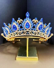 Gold Crown Crystal Tiara, Princess Crown, Gold Wedding Tiara, Wedding Blue Crown