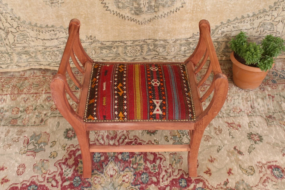 Turkish Vintage Kilim Bench Handmade Wooden Ottoman Boho Decor Upholstered Seat - Image 2 of 4