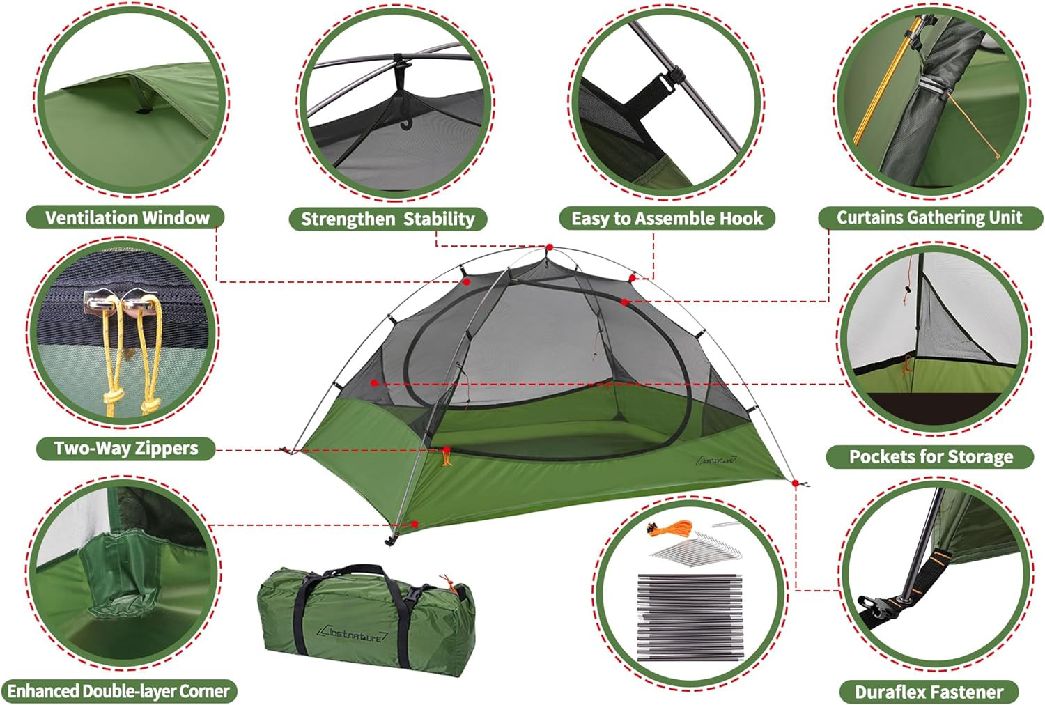 Clostnature Polaris Lightweight Backpacking Tent - 2 Person, Green 