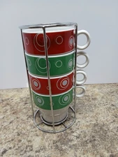 Avon Expressions Stackable Coffee Mugs Set Of 4 with Metal Rack 12 Oz Circles