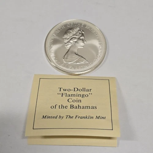 1972 Bahamas Islands Two Dollar Uncirculated .925 Flamingo Coin By Franklin Mint