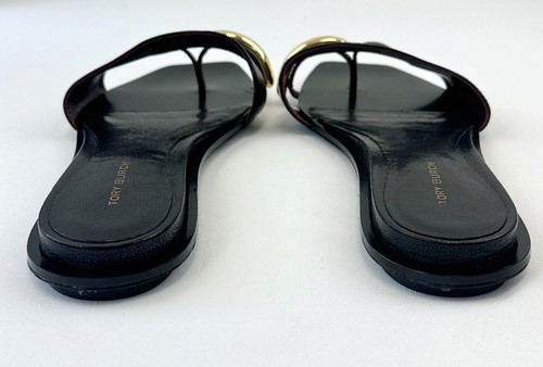 TORY BURCH Pierced Leather Slide Sandals 7.5 Black Gold Thong Open Toe NEW - Picture 7 of 12