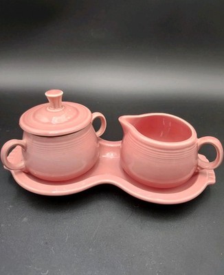 Fiestaware Creamer & Sugar Bowl With Lid & Tray Pink Rose Vtg 50's Fiesta
