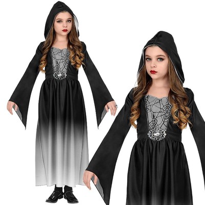 KLEID MIT KAPUZE Kostüm schwarz-grau Gothic Hexe Kinder - Mädchen Karneval #4807