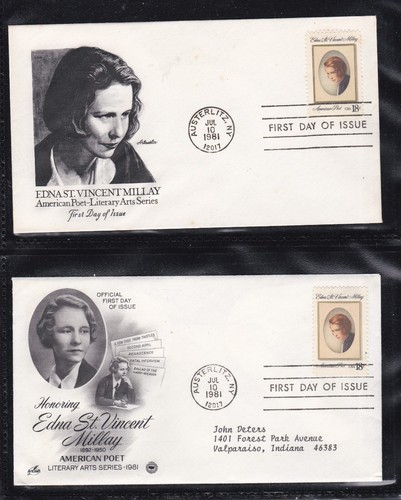 USA 1981 2 FIRST DAY COVERS ENDA ST VINCENT MILLAY AMERICAN POET + CACHET