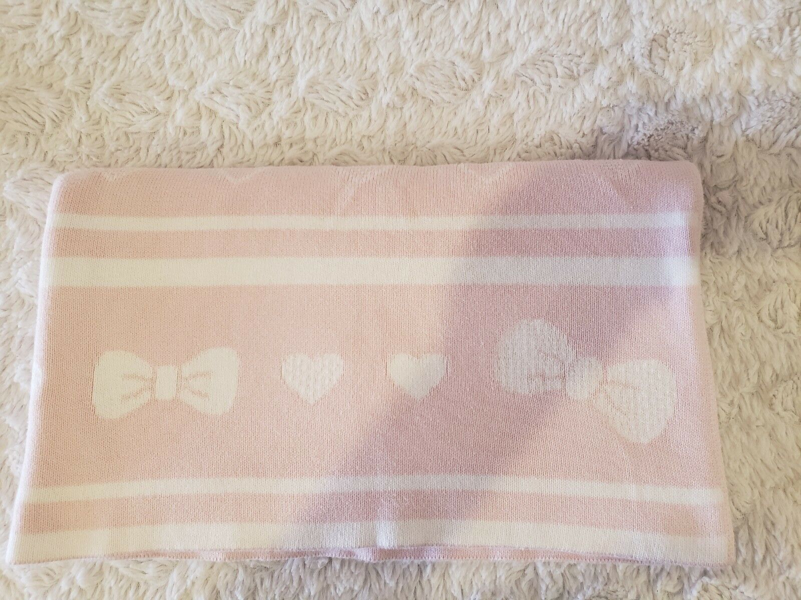 KISSY KISSY BABY GIRL PINK 37'' x 30'' BOWS HEARTS STRIPED BLANKET COTTON 