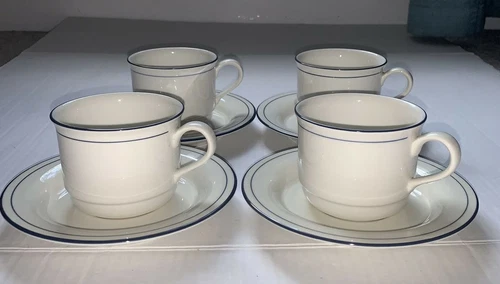 Lenox Blue Pinstripes Chinastone For The Blue Patterns Cup & Saucer Set of 4