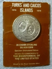 1976 TURKS & CAICOS ISL - 20 CROWNS - 200 YRS. US - 1.15 Oz BU SILVER - RCM PKG