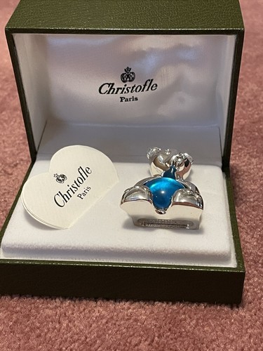 Neu im Karton Christofle versilberte Teddybär Figur mit blauem Kristall Cabochon Bauch - Bild 2 von 9