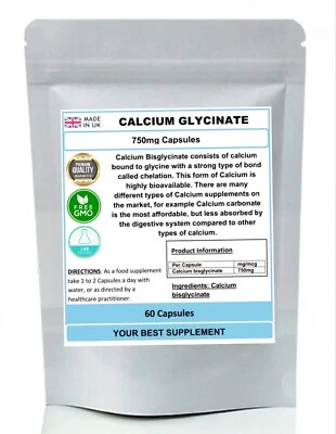 YOUR BEST SUPPLEMENT Calcium Glycinate Capsules 750mg ( High Strength ) Premium Quality, No Fillers