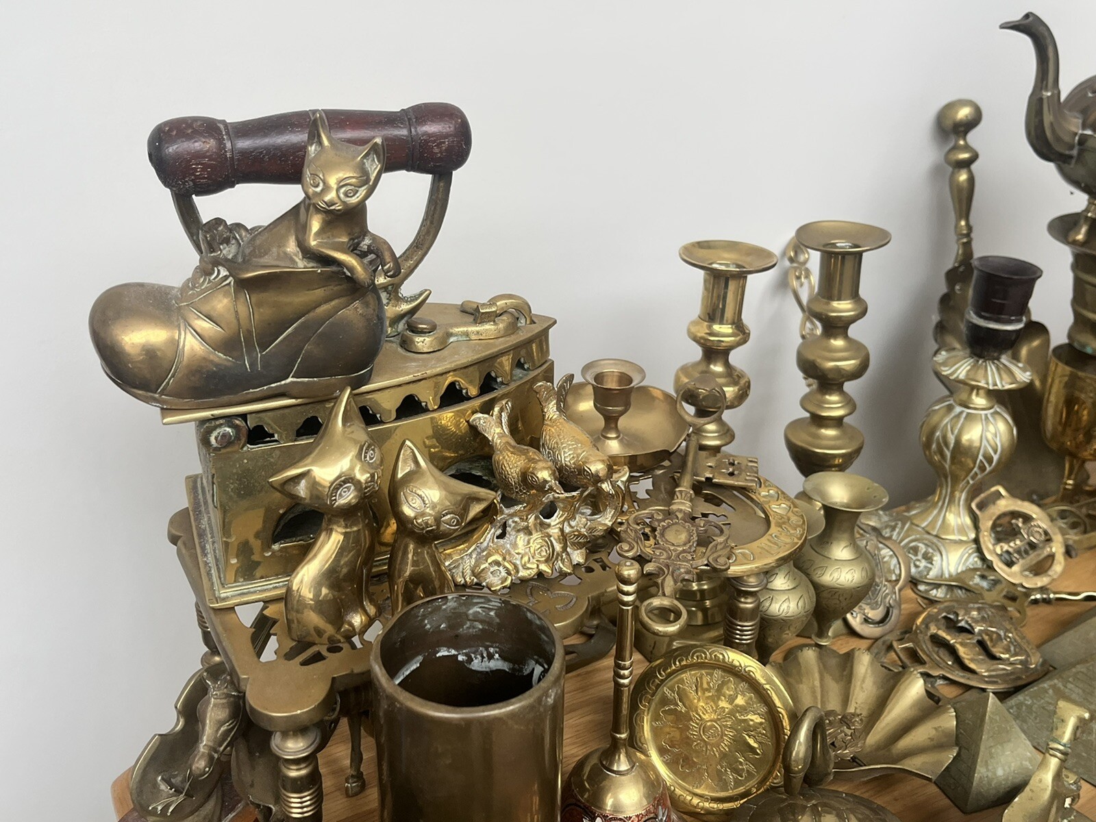 Job Lot Bundle of Antique Vintage Brass Items Candlesticks Ornaments