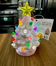 🎄Merry Moments🎄Nostalgic Pink Ceramic Christmas Tree Ornament, Lights Up!