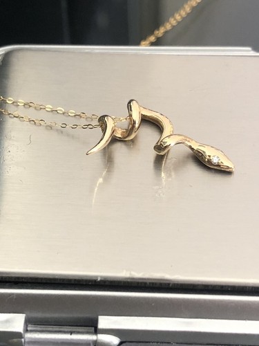 14k Yellow Gold Draped Snake Serpent Pendant With Diamond Eyes . Necklace. Chain - Picture 6 of 21