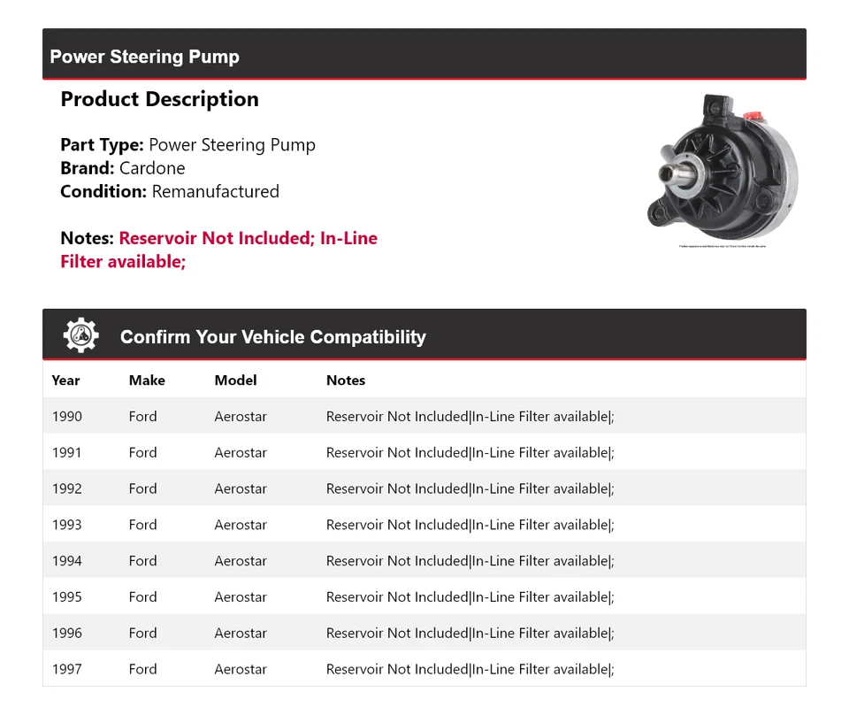 Bomba de dirección asistida Cardone para Ford Aerostar 1990-1997 1991 1992 1993 1994 1995 Foto 2 de 4