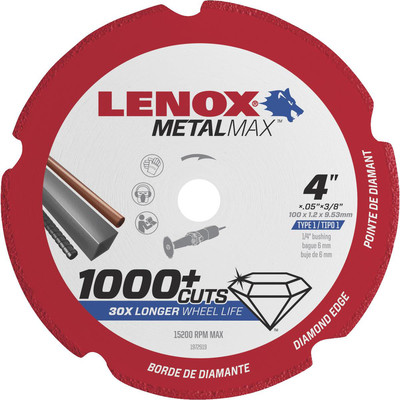 Lenox 4'' x 3/8'' Hole Metal Max Diamond Edge Cut Off Wheel,1,000+cuts #1972919