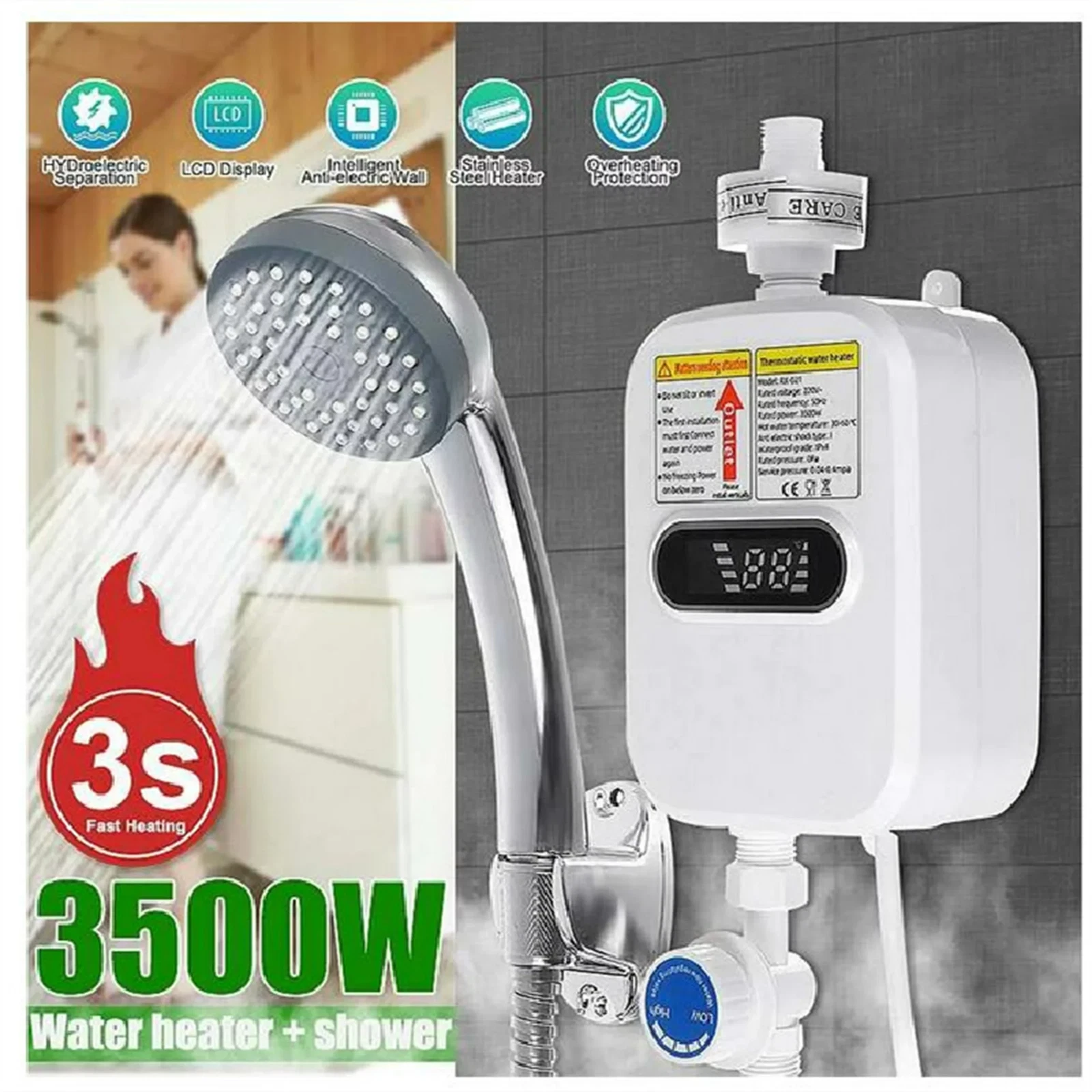 3500W Tankless Hot Water Heater Shower Electric Instant Heater Bathroom ...