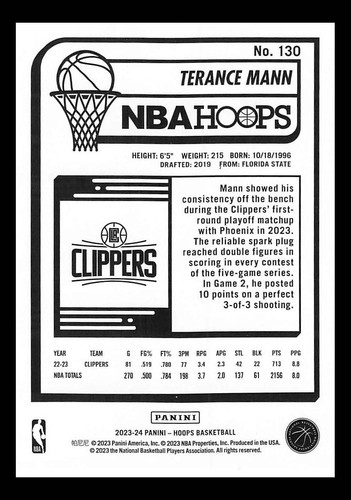 2023-24 Panini NBA Hoops - #130 Terance Mann-RM73 - Picture 2 of 2