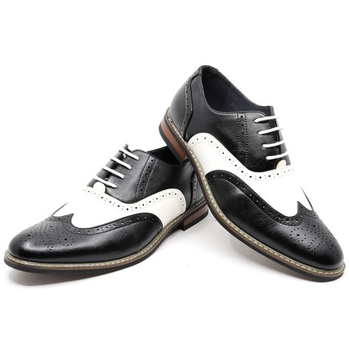 Zapatos de vestir Oxford con cordones y punta de ala perforada de dos tonos negros blancos para hombre - Imagen 12 de 12