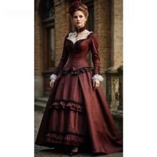 Vintage Victorian Prom Dress Long Sleeves Ruffles Satin Evening Dress Gothic