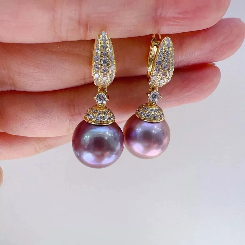 Nuevo Pendiente Perla Púrpura Mar del Sur Natural 925s 10-11mm Foto 2 de 3