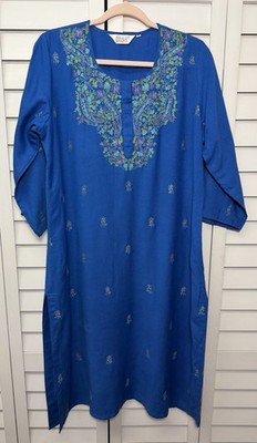 BIBA Embroidered Kurta 3/4 Sleeve Side Slit Tunic Dress Top Women s Size 38 Blue