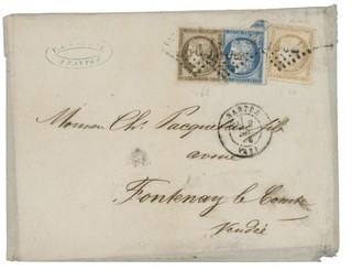 1876 CERES TRICOLORE 15c 25c 30c LETTRE NANTES POUR LA VENDEE TTB