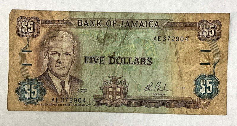 1989 Jamaica 5 Dollars Bank Note