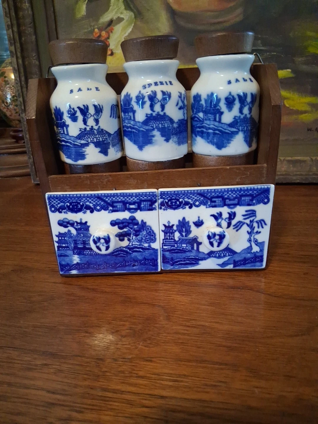 RARE- Vintage Blue Willow Porcelain Spice Containers In Wooden Display