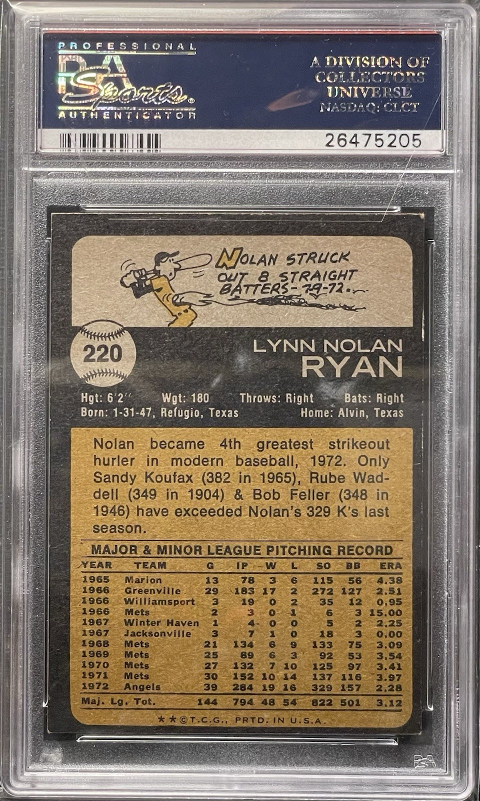 1973 Topps #220 Nolan Ryan PSA 8 NM-MT Well Centered HOF Angels view 2