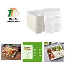 500 Pack 5 Compartment Plates, 100% Compostable Paper Plate, 10.25x8.5 inch D...