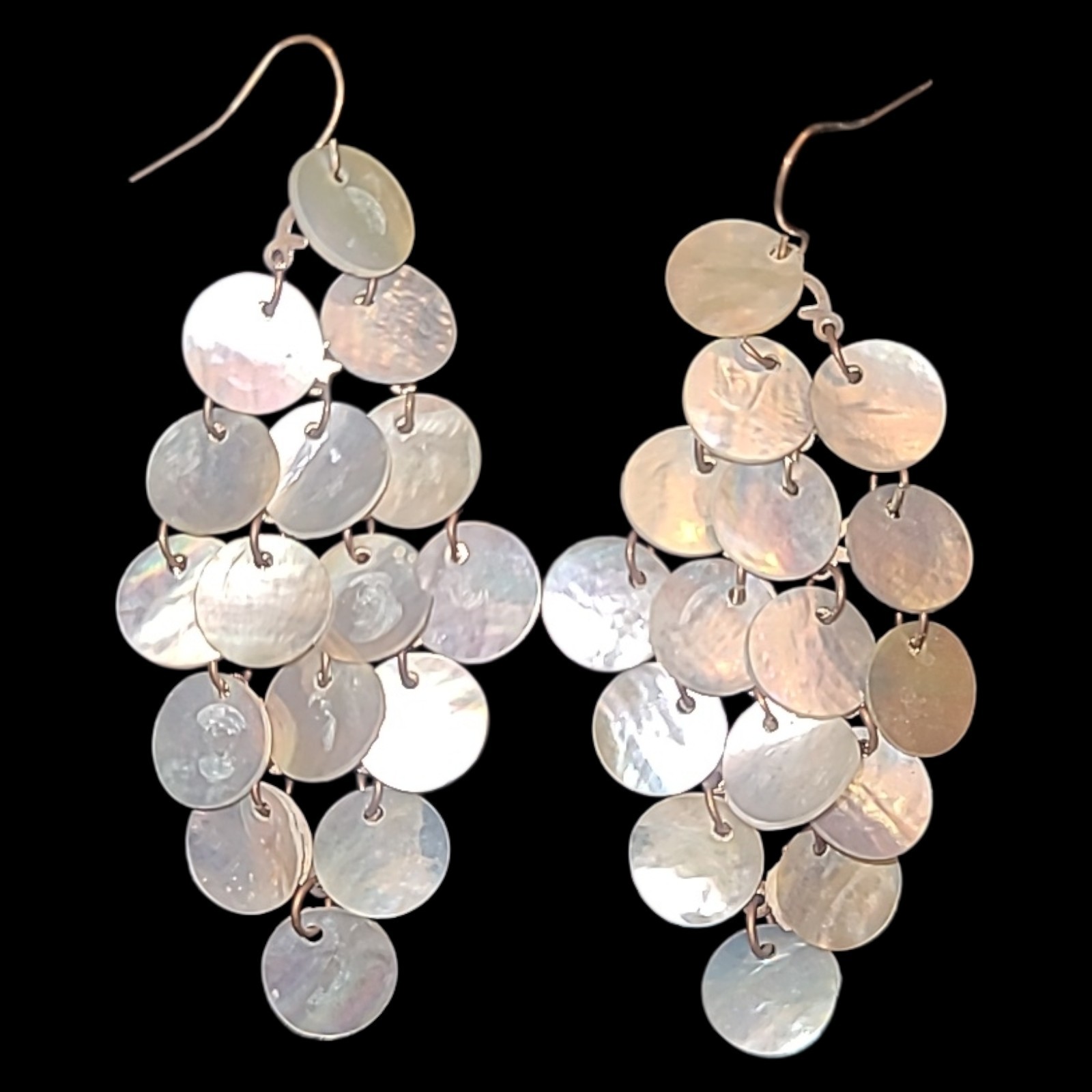 Mother of Pearl Shell Dangle Disc Earrings, Boho Statement Jewelry