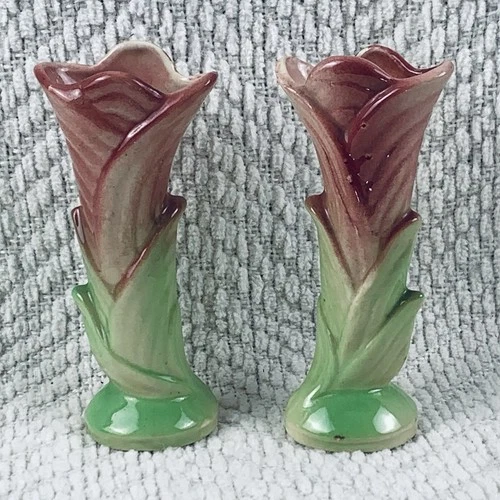 VTG Shawnee Pottery Set of 2 Bud Vases Mini Lily Flower Petal Pink USA #1135